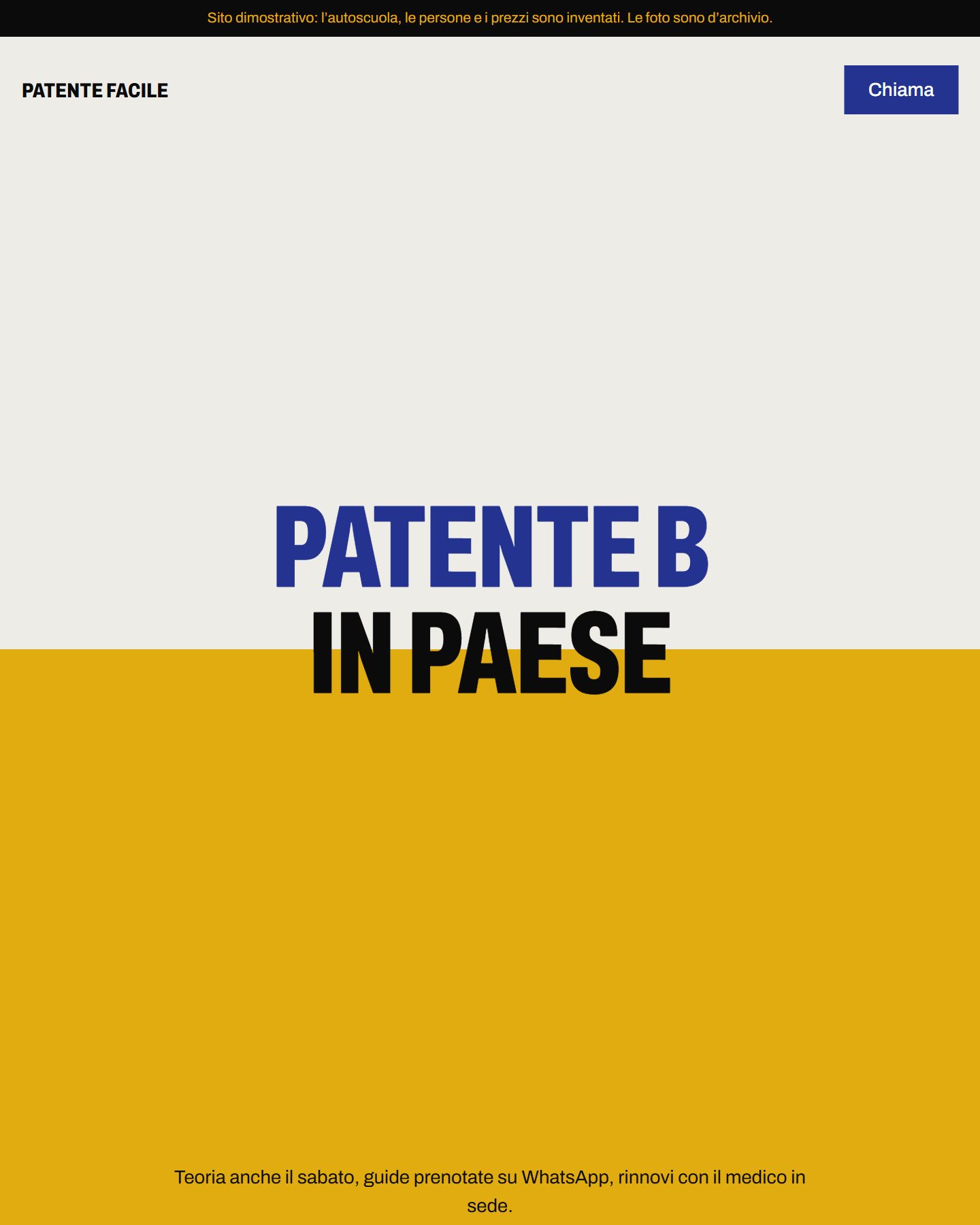 La prima schermata del sito dimostrativo di un’autoscuola: la scritta Patente B in paese su due fasce, bianca e gialla